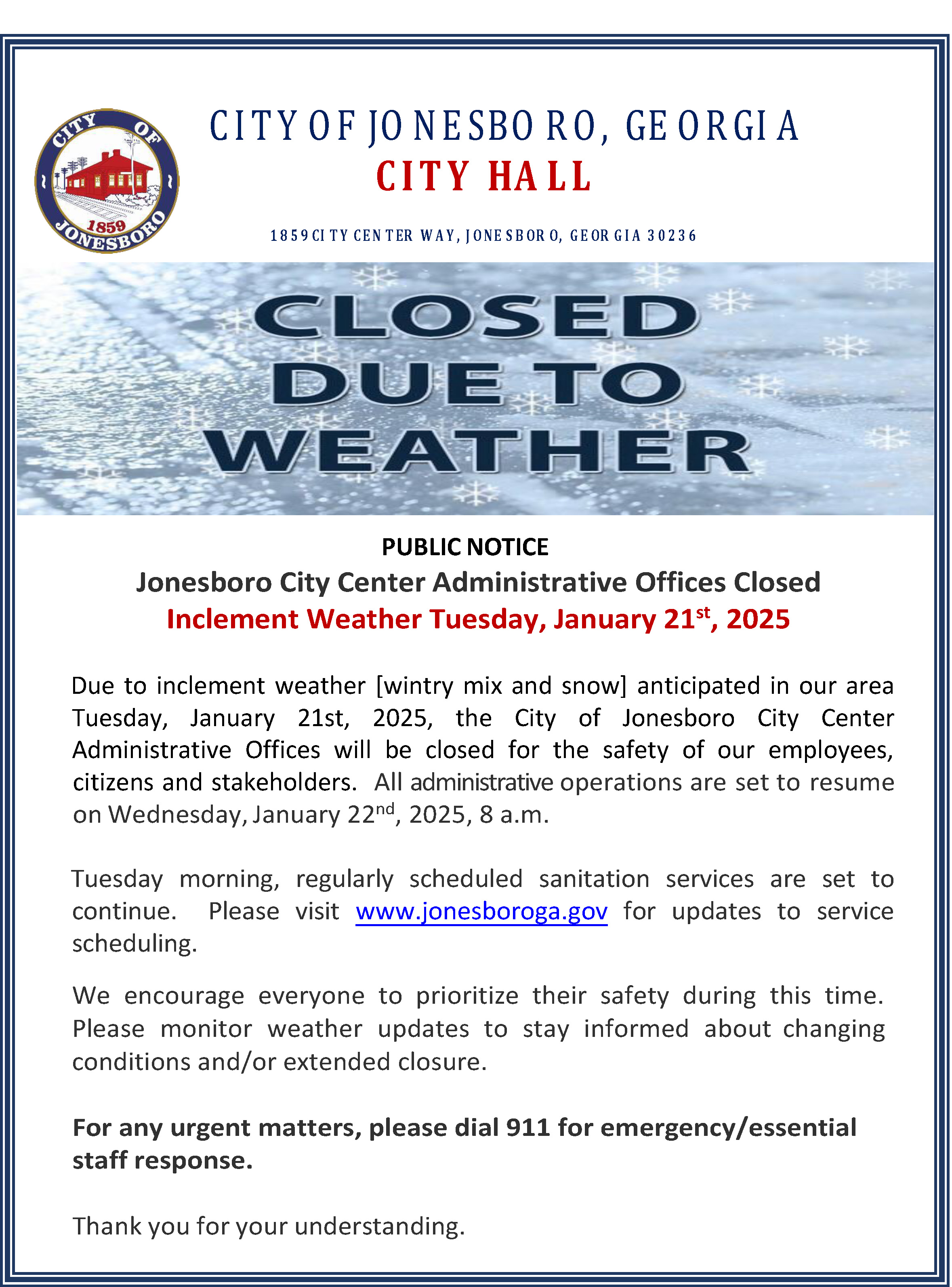 Public Notice Inclement Weather 